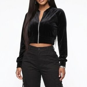 TIC TOC Black Velvet Cropped Zip Up Bomber Jacket Womens Size Large